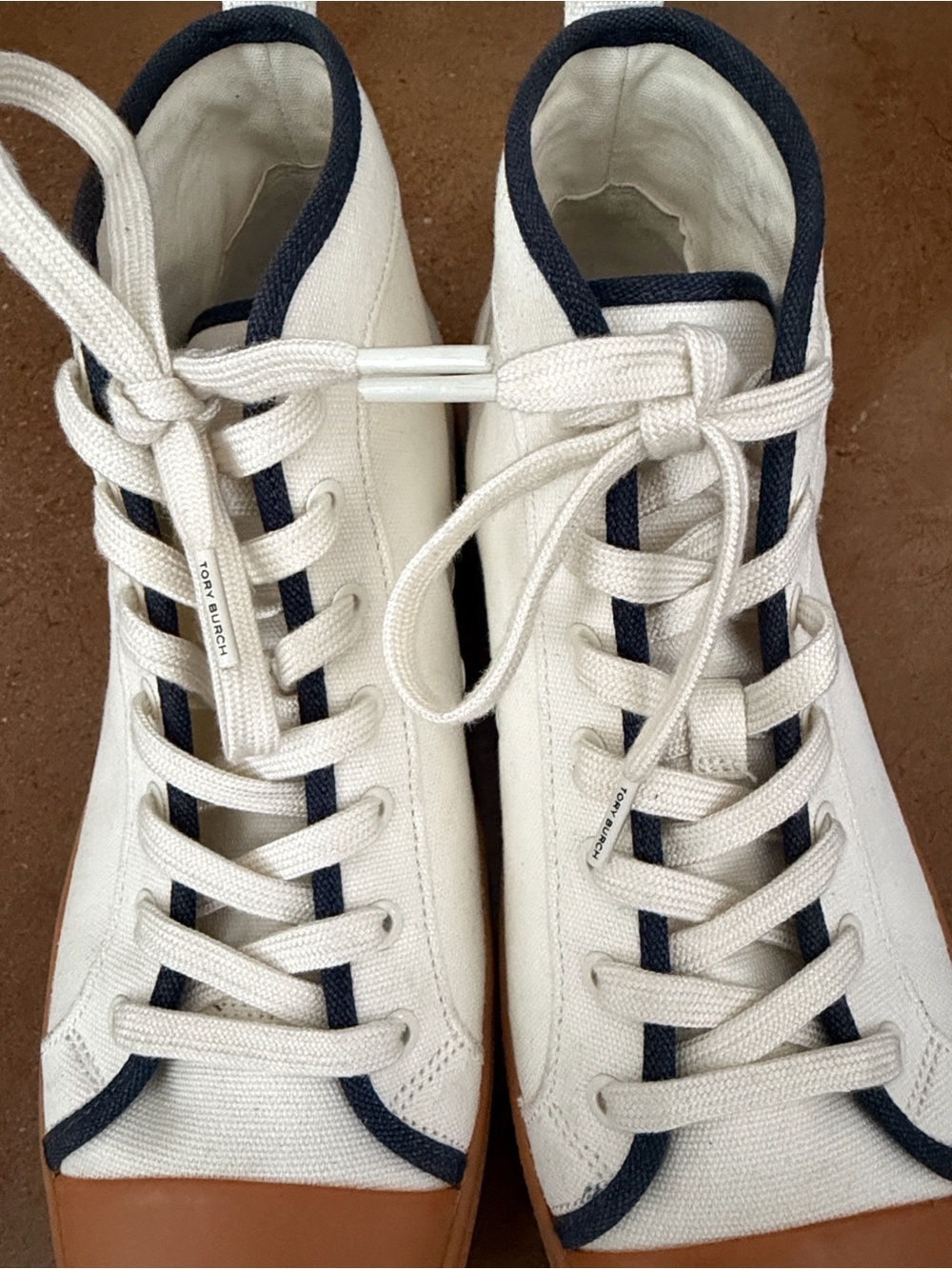 Tory Burch Nola High Top Canvas Sneakers Ivory Navy Women’s Size 10 NWOT - Picture 7 of 8